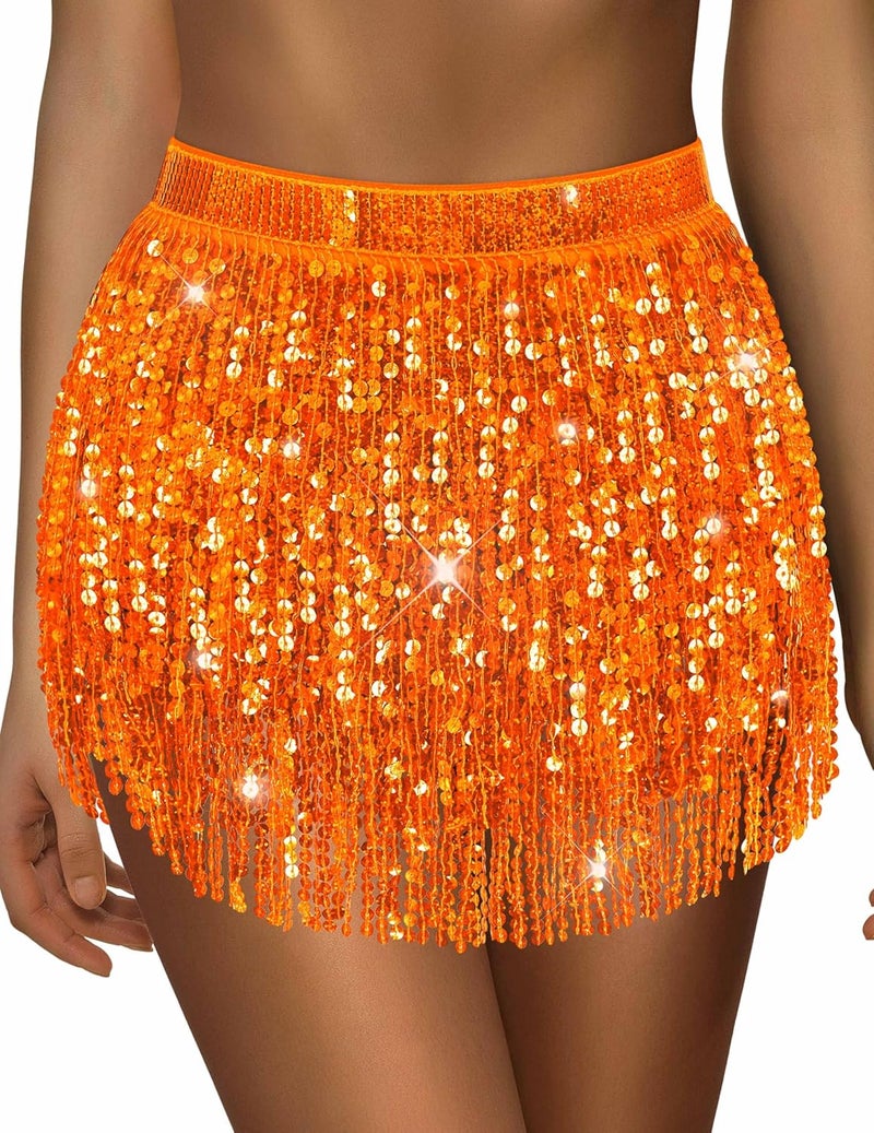 Sarfel Sequin Skirt Sparkly Skirt Belly Dance Skirt Glitter Skirt Rave Sparkle Skirt Sequin Tassel Skirt Fringe Hip Scarf Women - Image 1